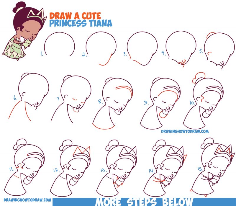 How to Draw Princess Tiana Kissing a Frog (Cute / Chibi / Kawaii) from ...