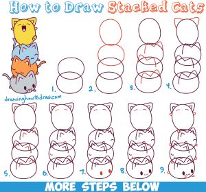 How to Draw Cute Kawaii Cats Stacked on Top of Each Other – Easy Step ...