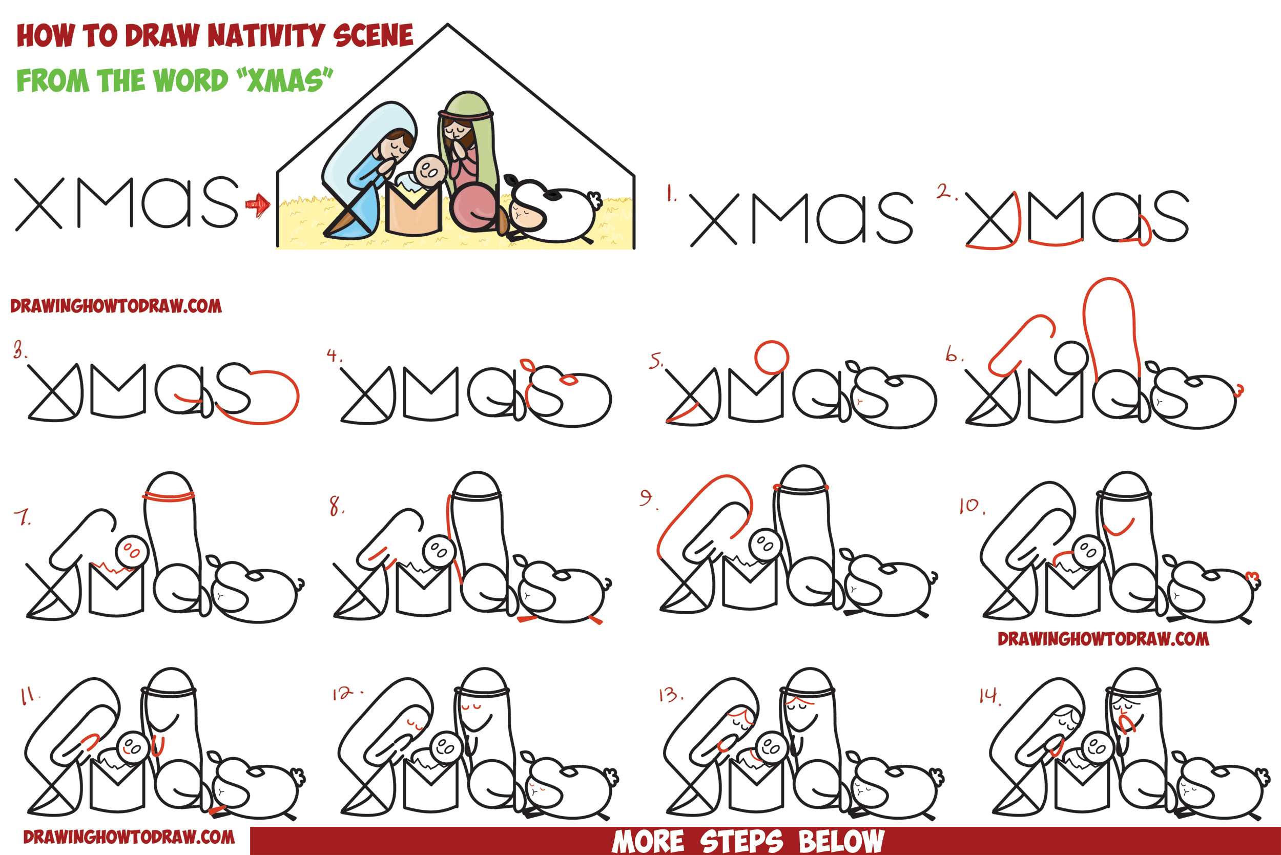 How to Draw Cartoon Nativity Scene with Mary, Jesus, and Joseph in a
