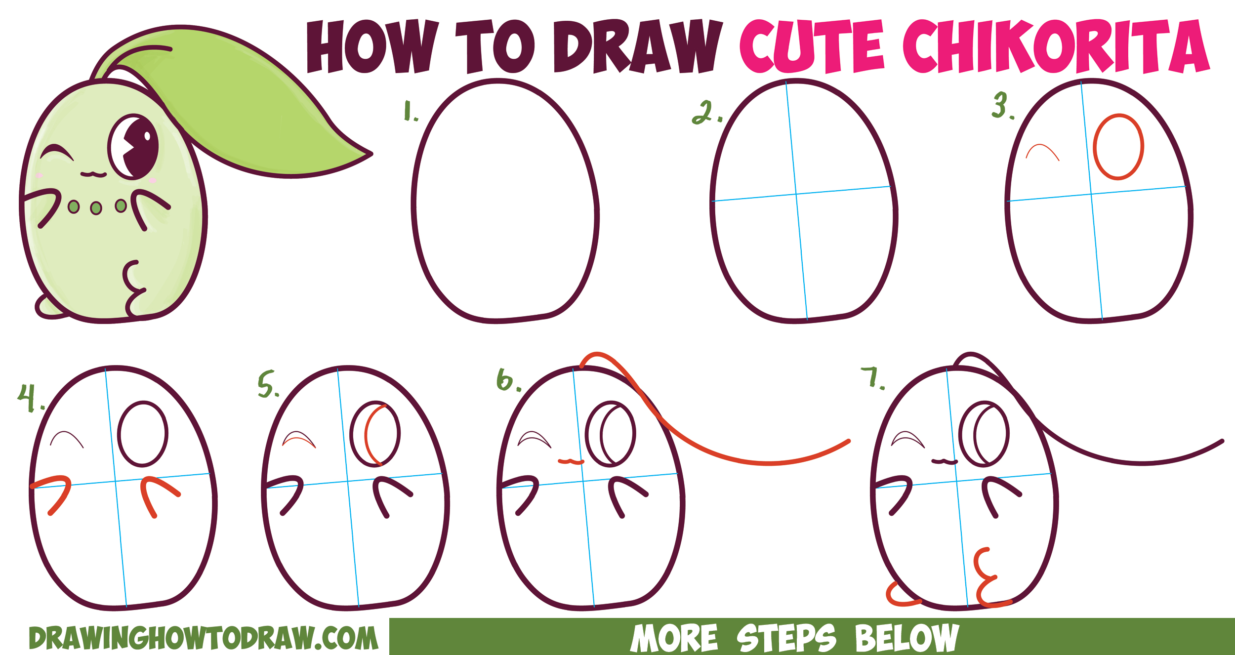 How to Draw Cute / Kawaii / Chibi Chikorita from Pokemon in Easy Step ...
