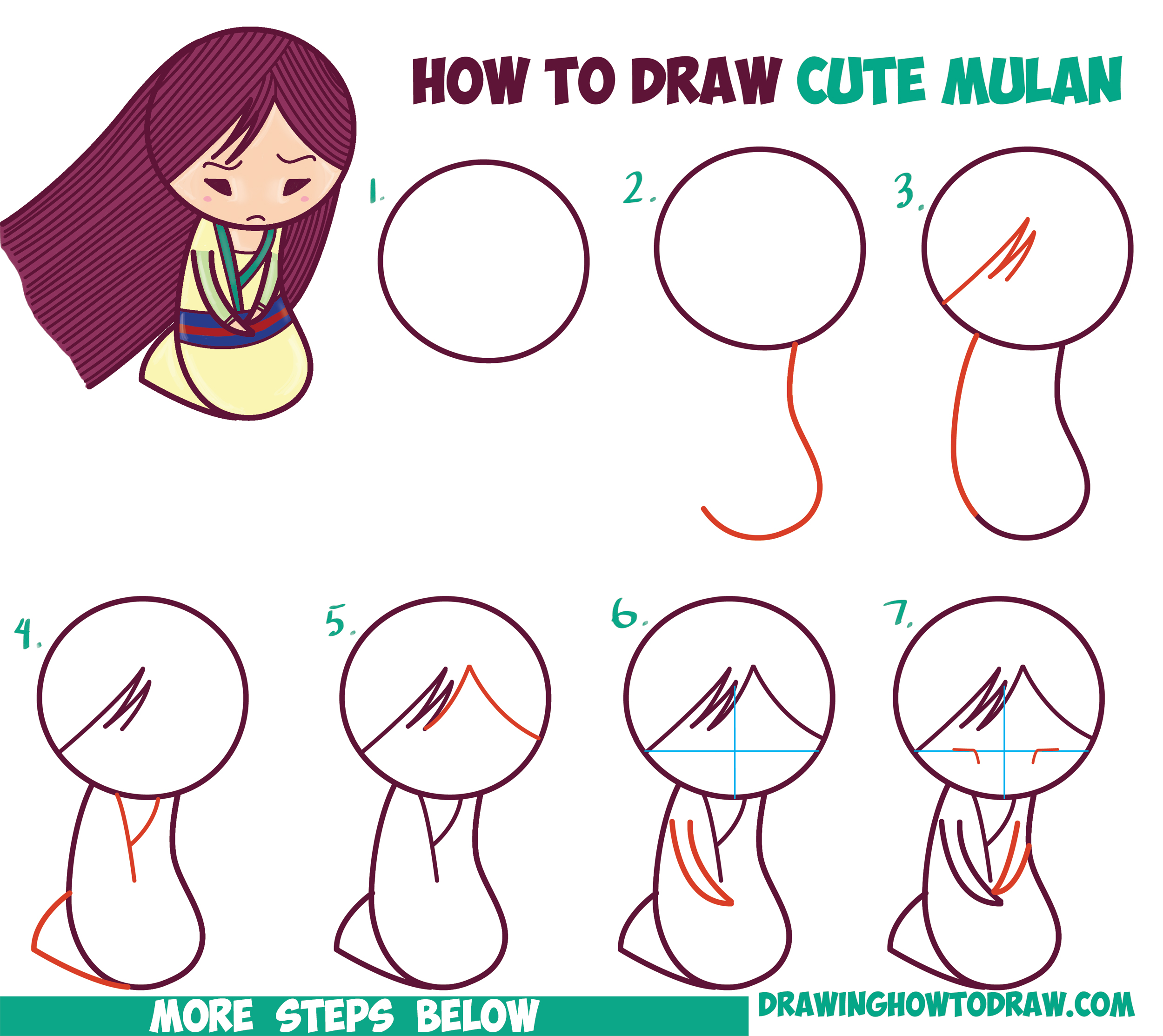how to draw cute chibi kawaii mulan disney princess easy step by step drawing tutorial beginners