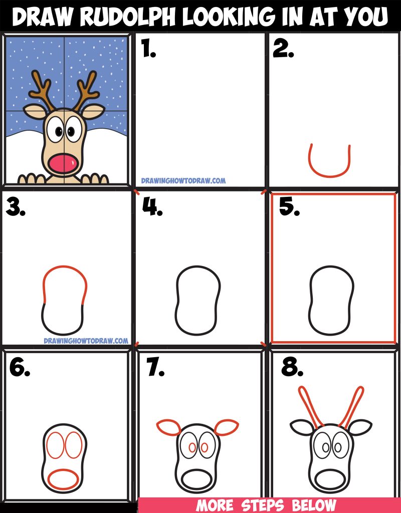 How to Draw Rudolph the Red Nosed Reindeer Looking in Window Easy Step ...