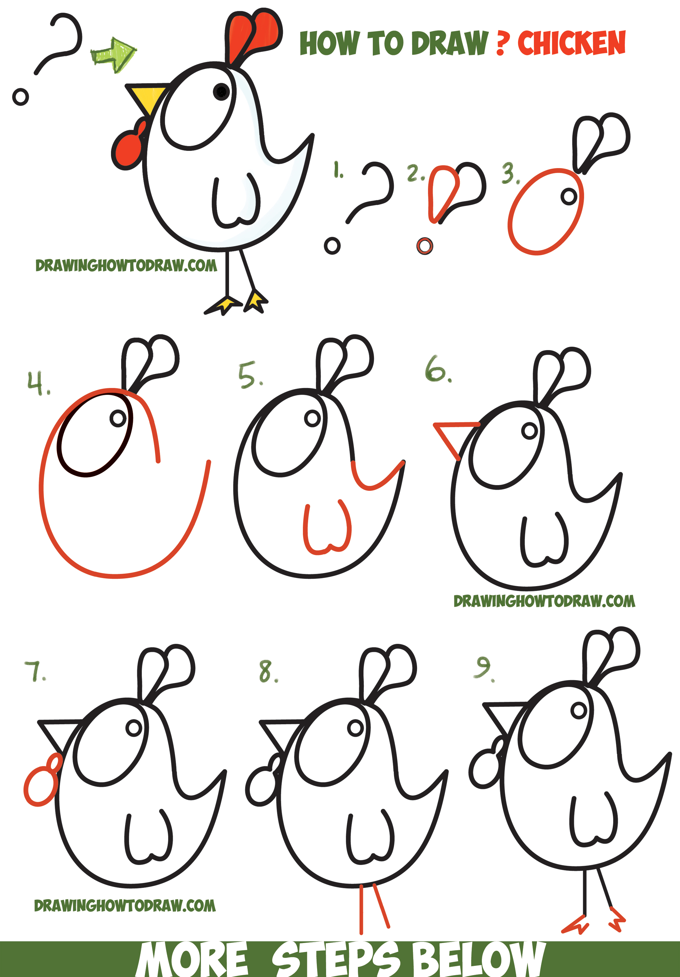 How to Draw a Cartoon Chicken / Rooster from ? and ! Shapes Easy Step