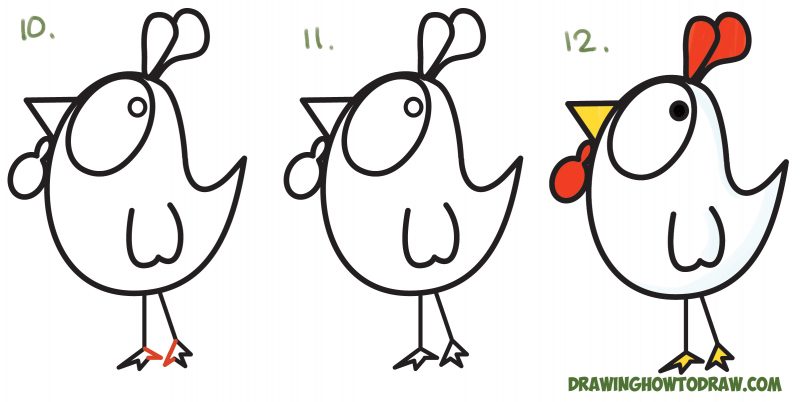 How to Draw a Cartoon Chicken / Rooster from ? and ! Shapes – Easy Step ...