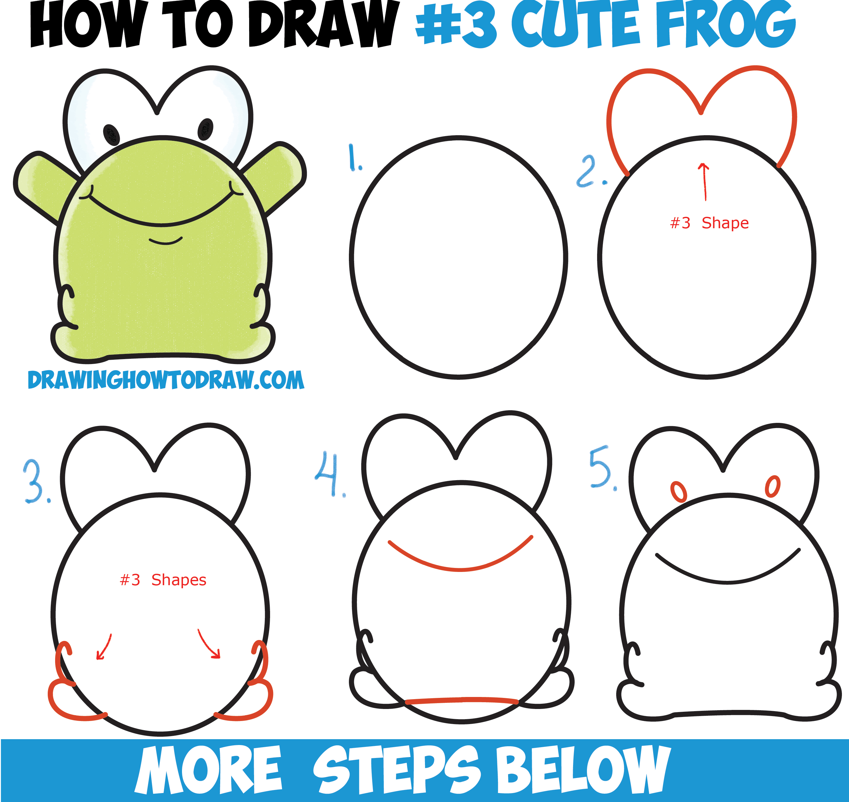 how to draw cute cartoon baby frogs from number 3 shapes easy step by step drawing tutorial for kids