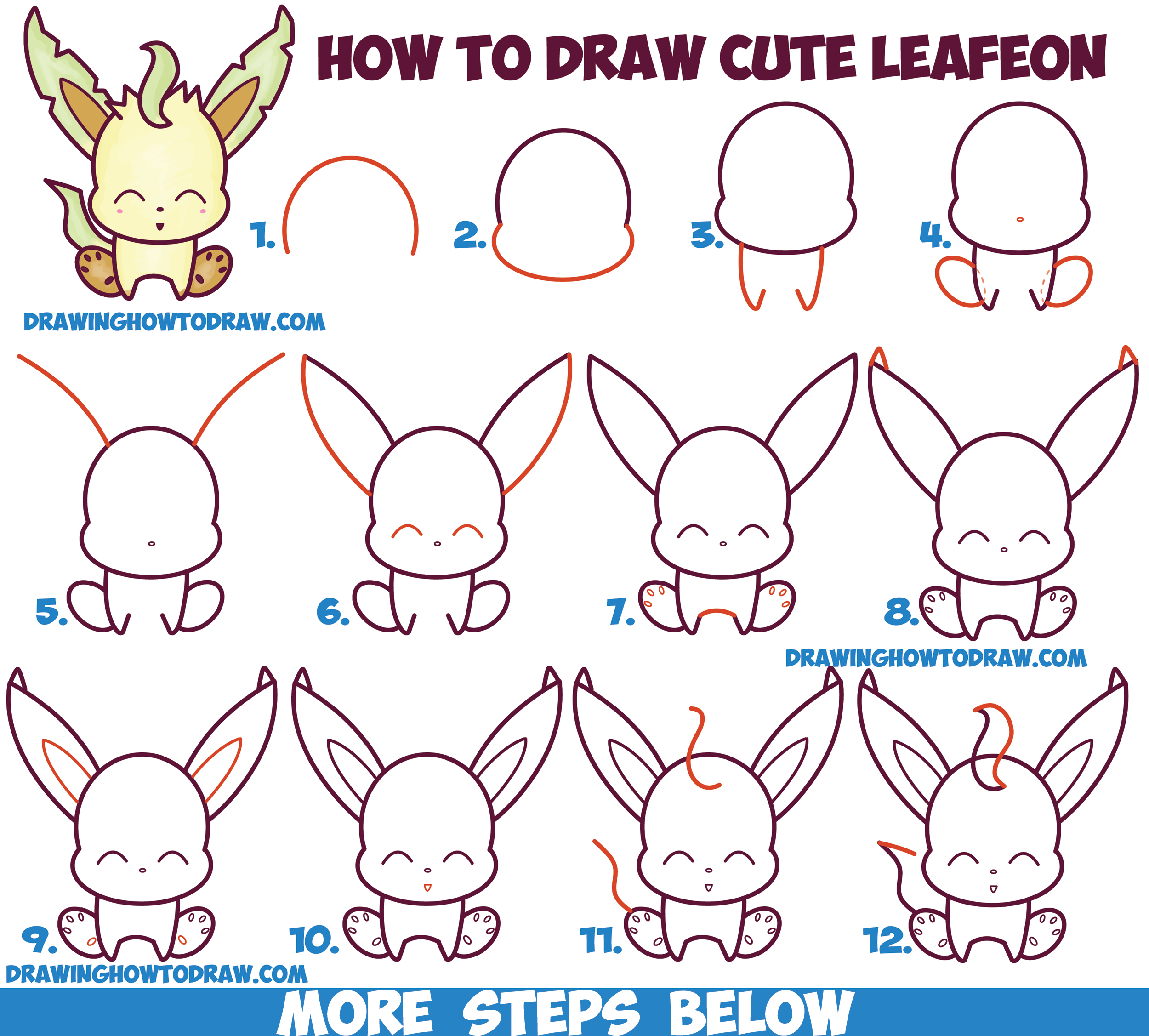 How to Draw Cute Kawaii Chibi Leafeon from Pokemon Easy Step by Step