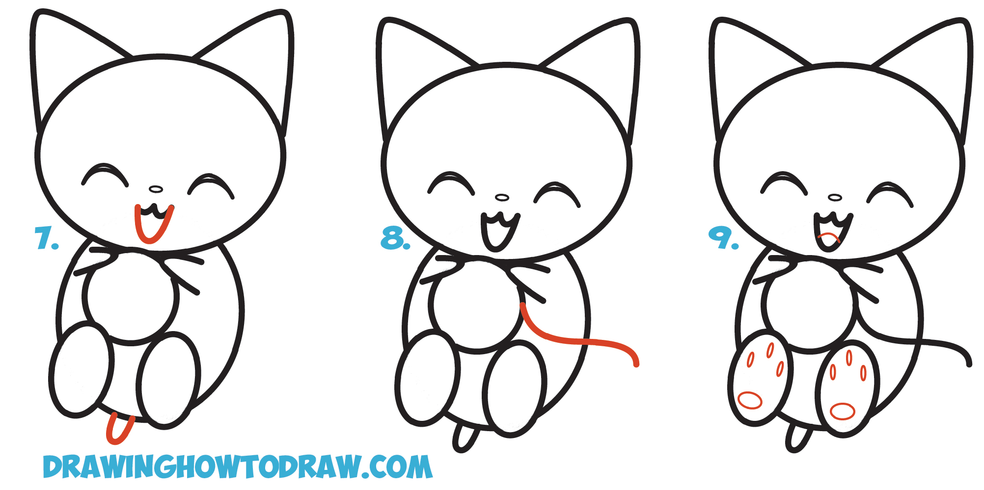 Learn How to Draw Cute Kawaii / Chibi / Cartoon Kitten / Cat Playing
