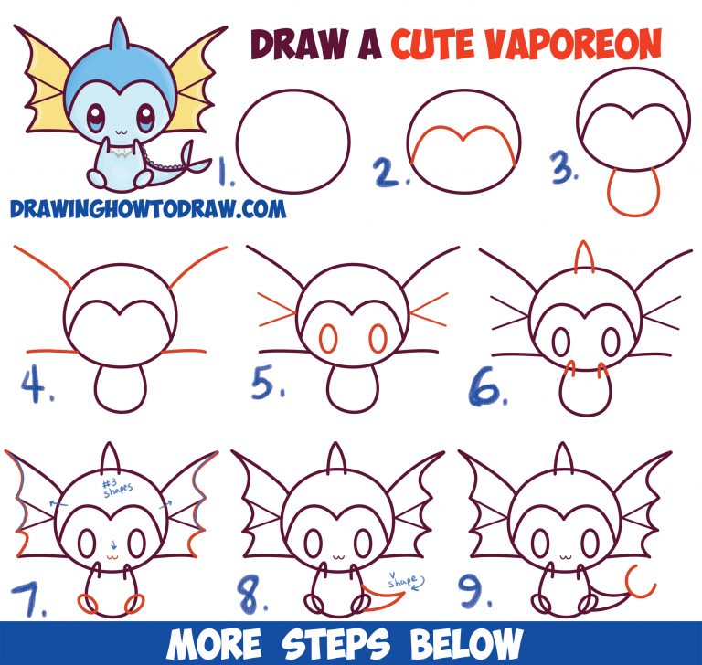 How to Draw Cute Kawaii Chibi Vaporeon from Pokemon Easy Step by Step ...