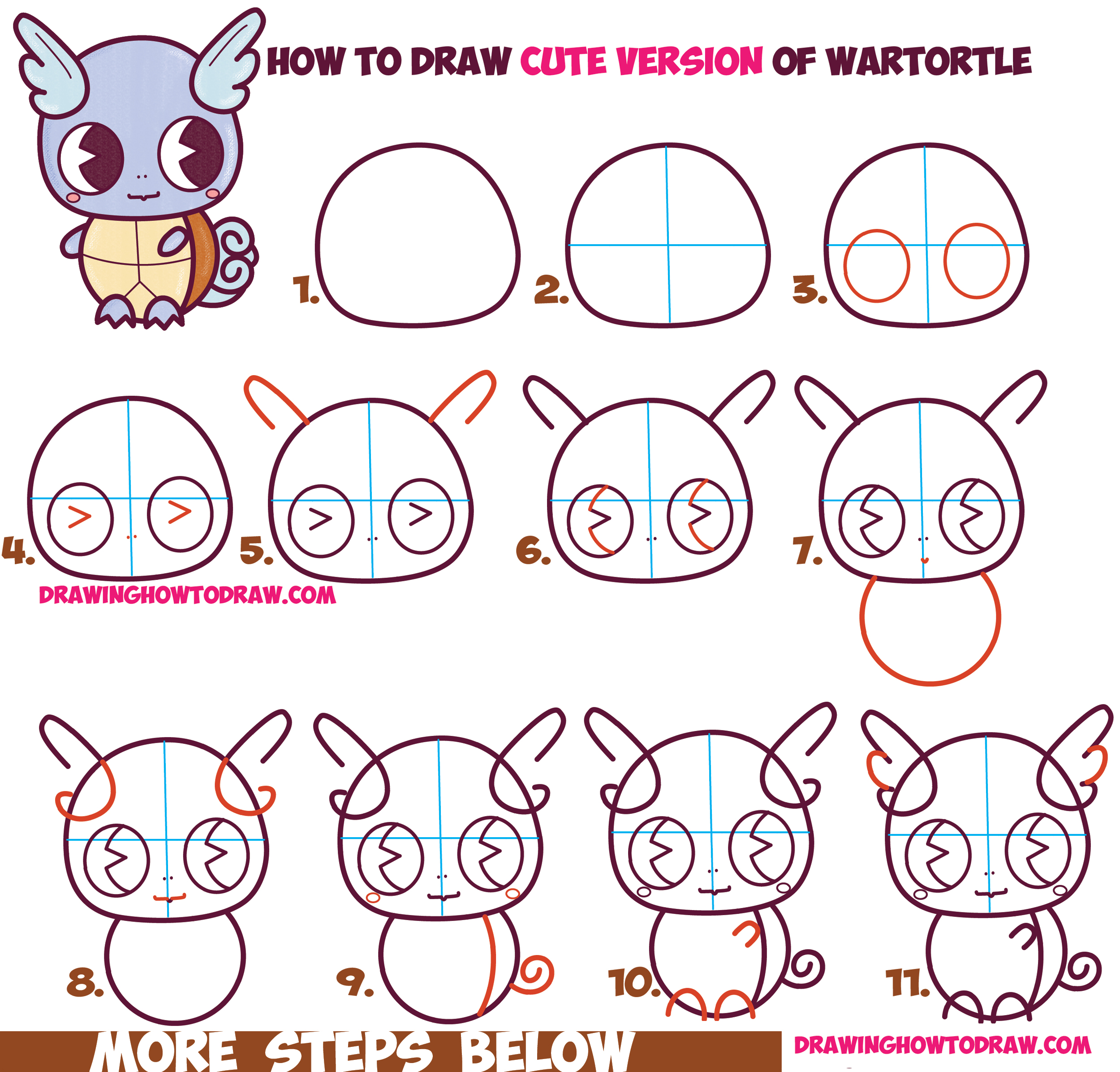 How to Draw Cute / Chibi / Kawaii Wartortle from Pokemon Easy Step by