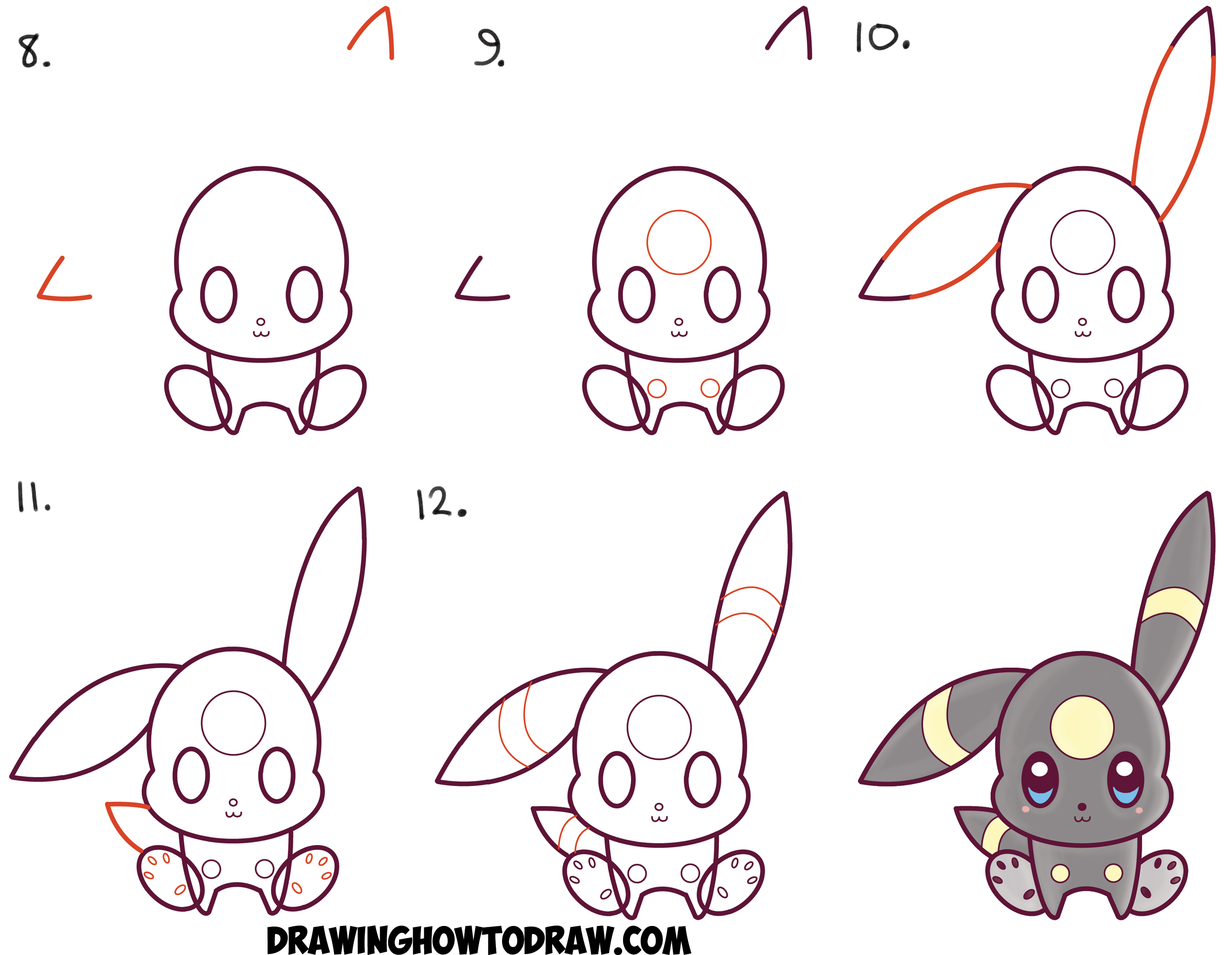 How to Draw Cute Kawaii Chibi Umbreon from Pokemon Easy Step by Step