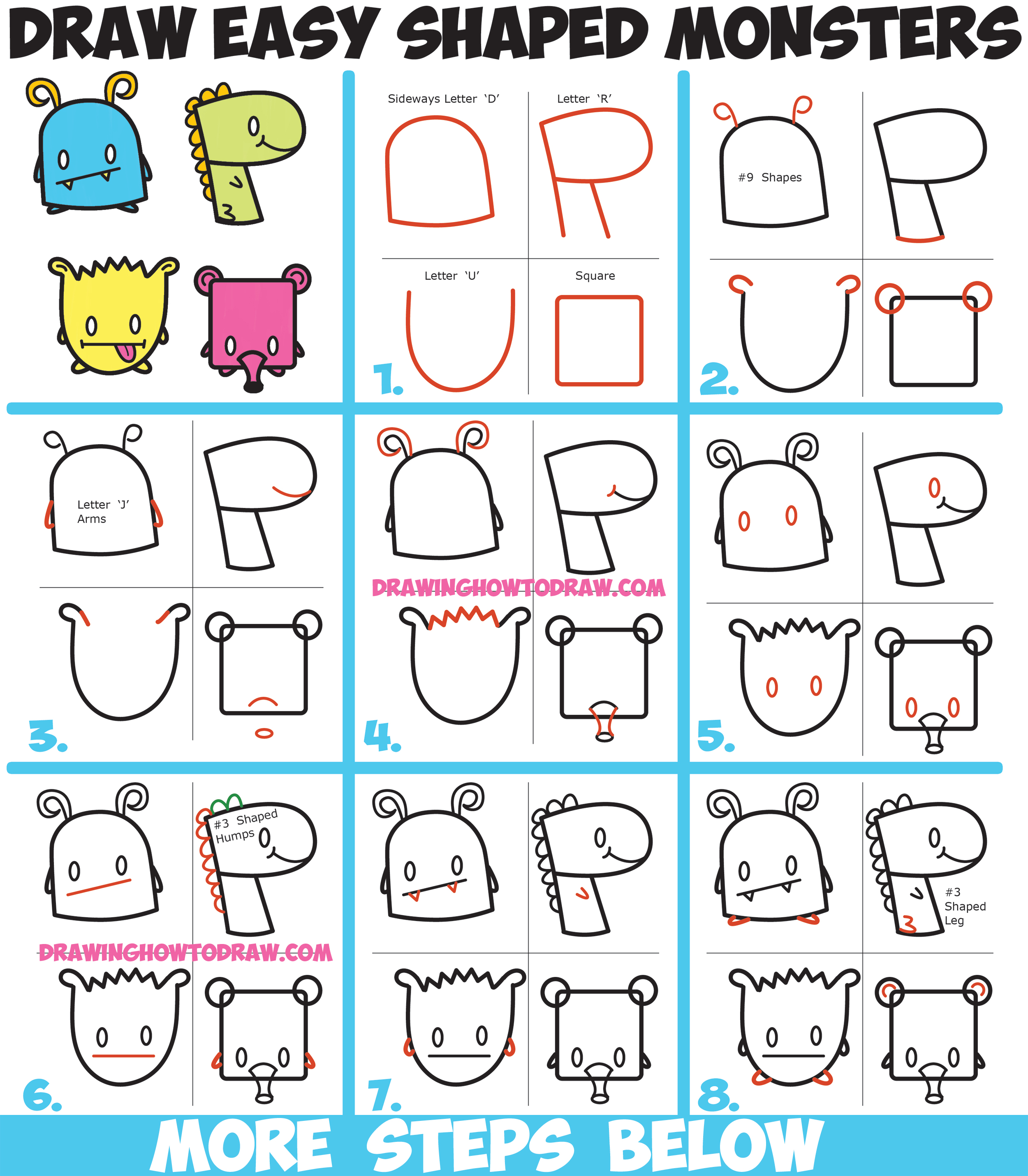 How To Draw Cute Cartoon Monsters From Simple Shapes Letters And Numbers For Kids How To Draw Step By Step Drawing Tutorials