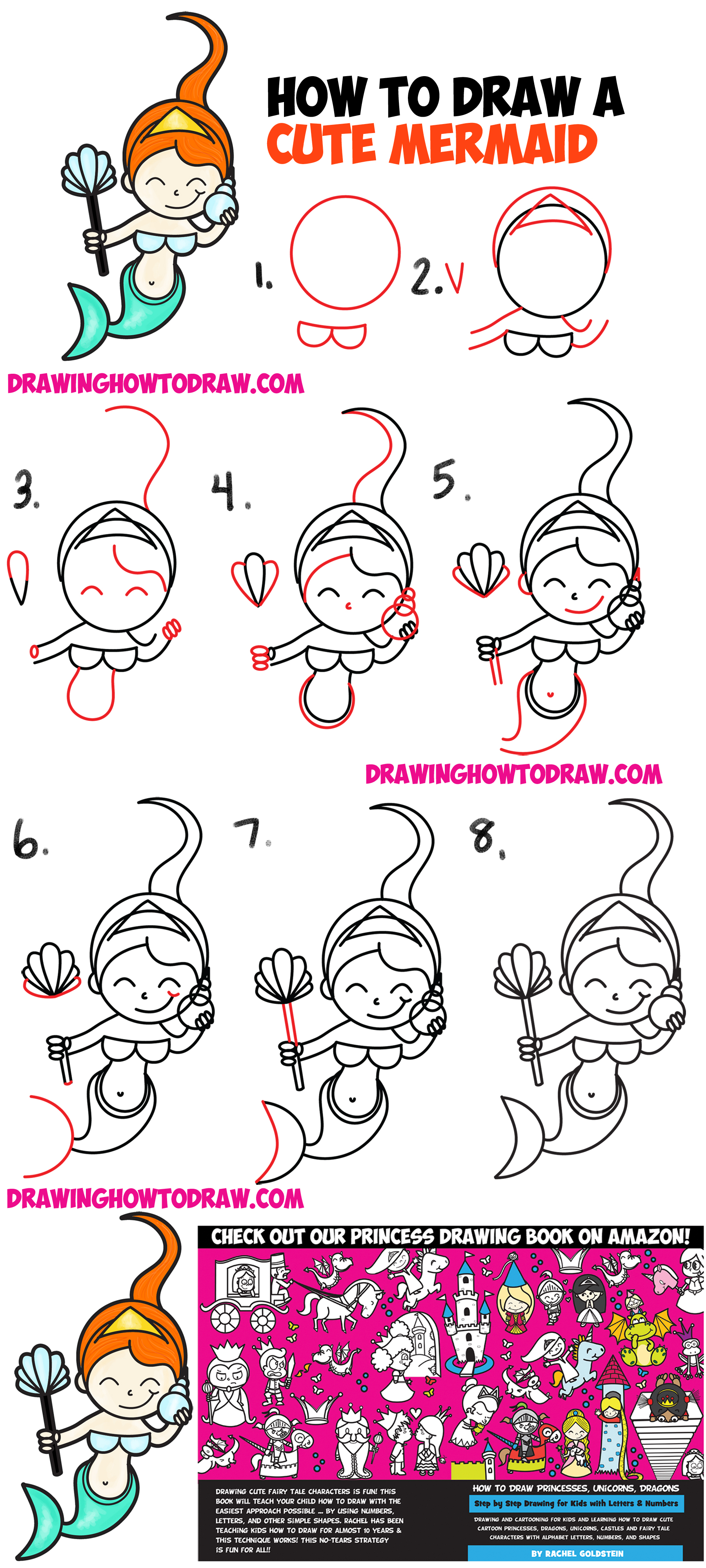 how to draw a cute cartoon mermaid kawaii easy step by step drawing tutorial for kids beginners