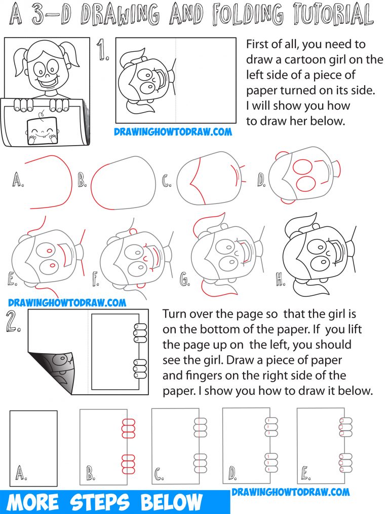 How to Draw Cartoon Girl Holding Up Art on Piece of Paper – 3D Paper ...