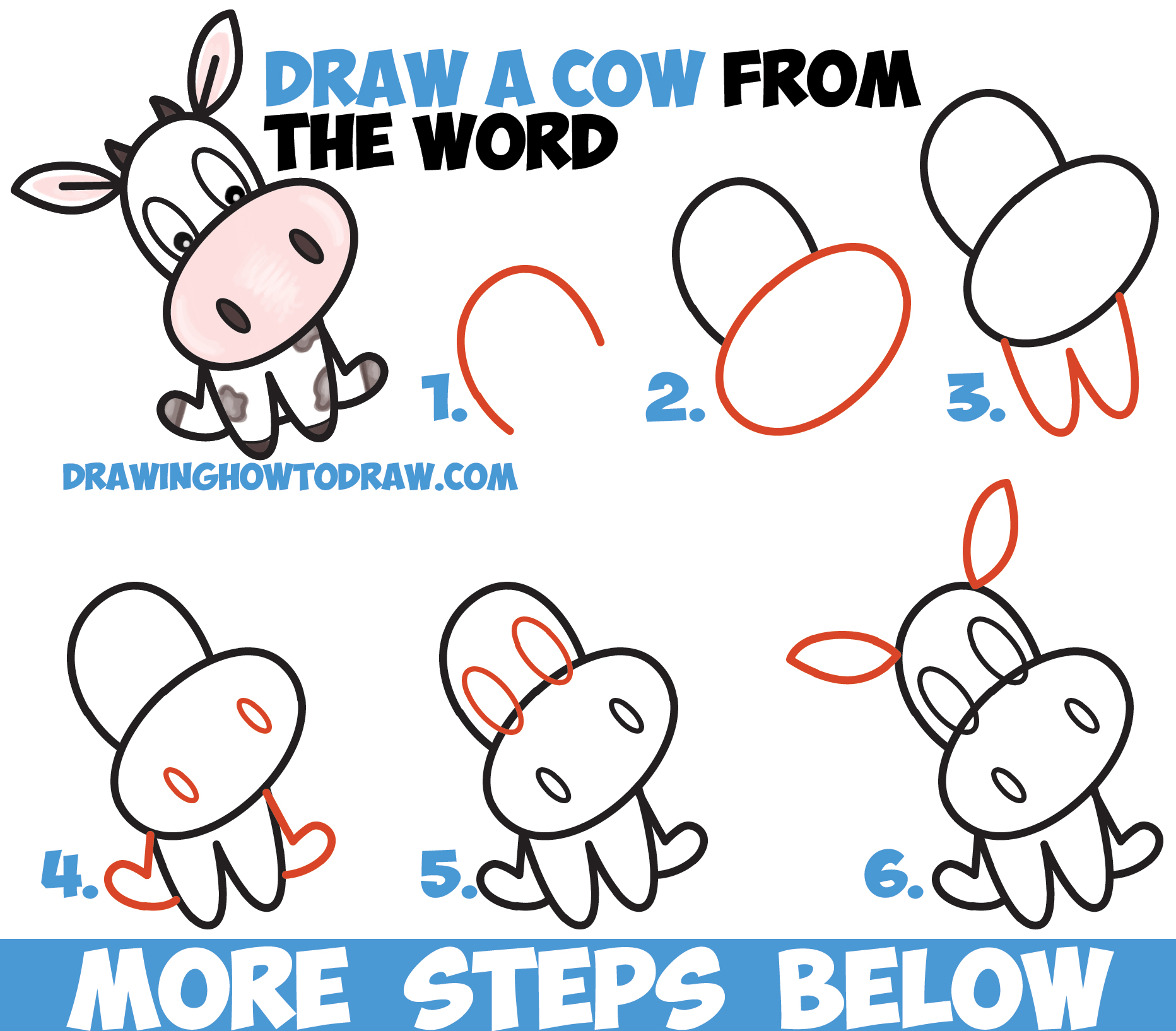 How to Draw a Cute Cartoon Kawaii Cow Word Toon Easy Step by Step Drawing  Tutorial for Kids  How to Draw Step by Step Drawing Tutorials