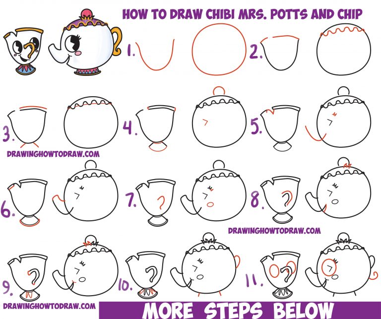 How to Draw Cute Kawaii / Chibi Mrs. Potts and Chip from Beauty and the ...