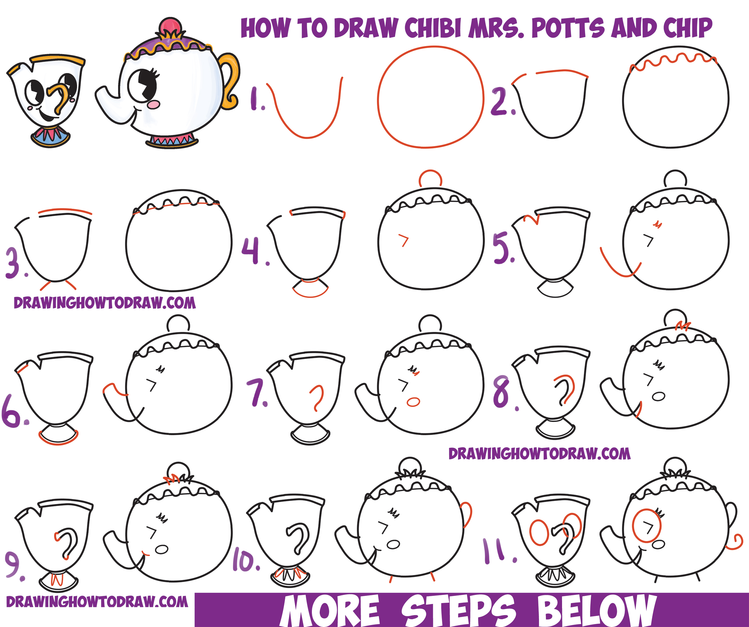 How to Draw Cute Kawaii / Chibi Mrs. Potts and Chip from Beauty and the