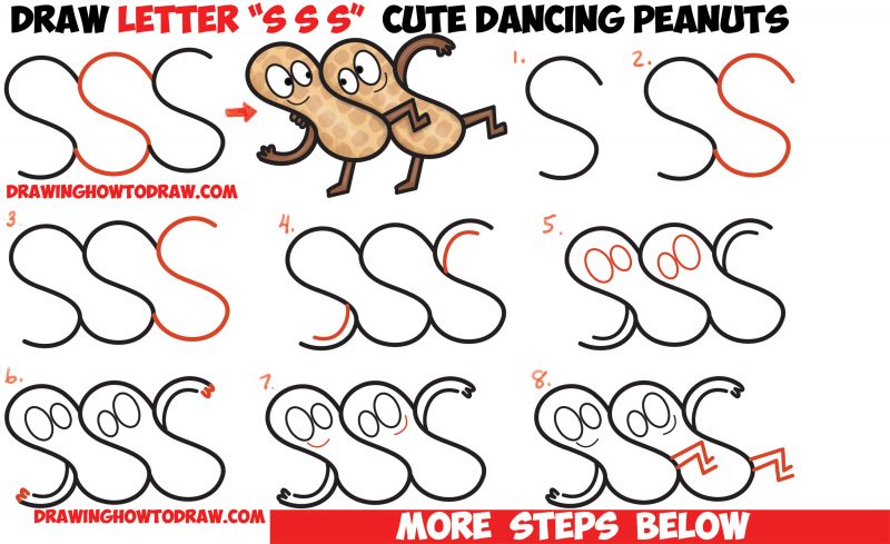 How to Draw Cartoon Dancing Peanuts from Letter S Shapes Easy Step by ...