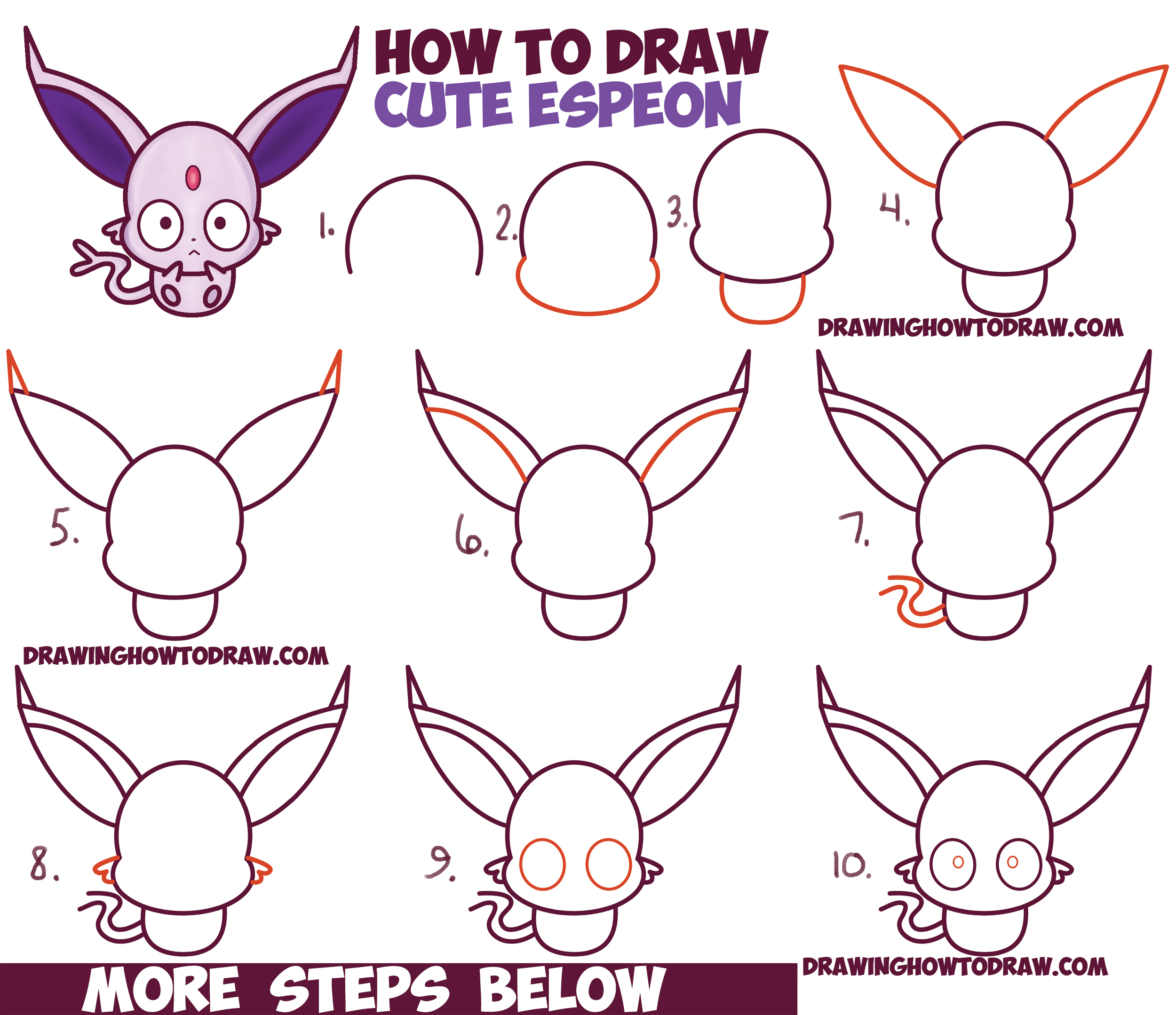 How to Draw Cute Kawaii / Chibi Espeon from Pokemon Easy Step by Step