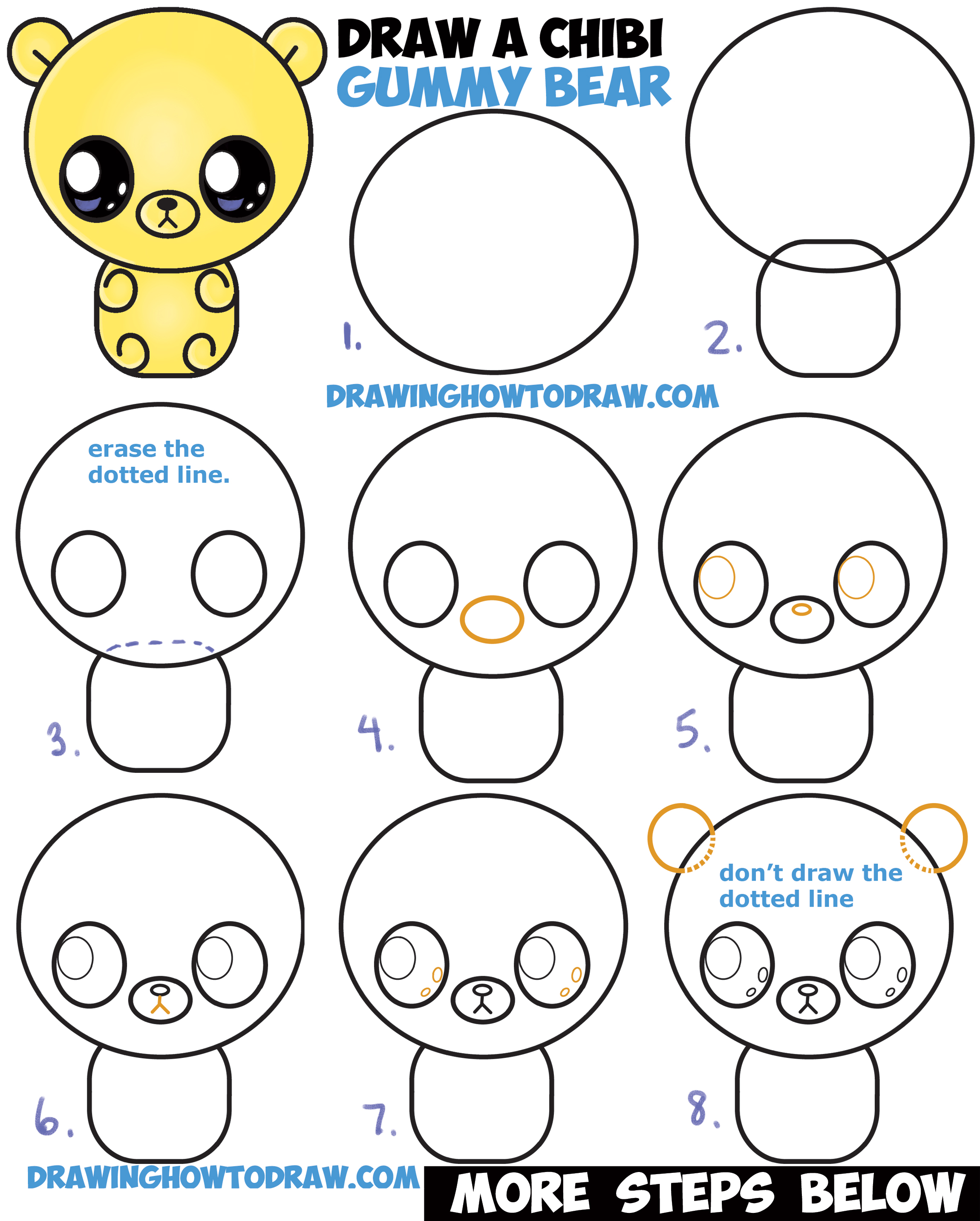 How to Draw a Cute Chibi / Kawaii / Cartoon Gummy Bear Easy Step by ...