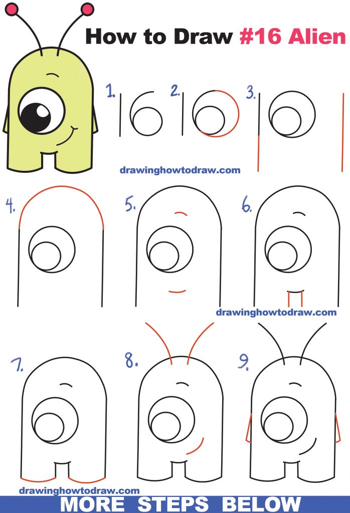 How To Draw Cute Cartoon Alien From Numbers 16 Easy Step By Step   How To Draw Cartoon Alien From Numbers 16 Easy Step By Step Drawing Tutorial For Kids Beginners 698x1024 