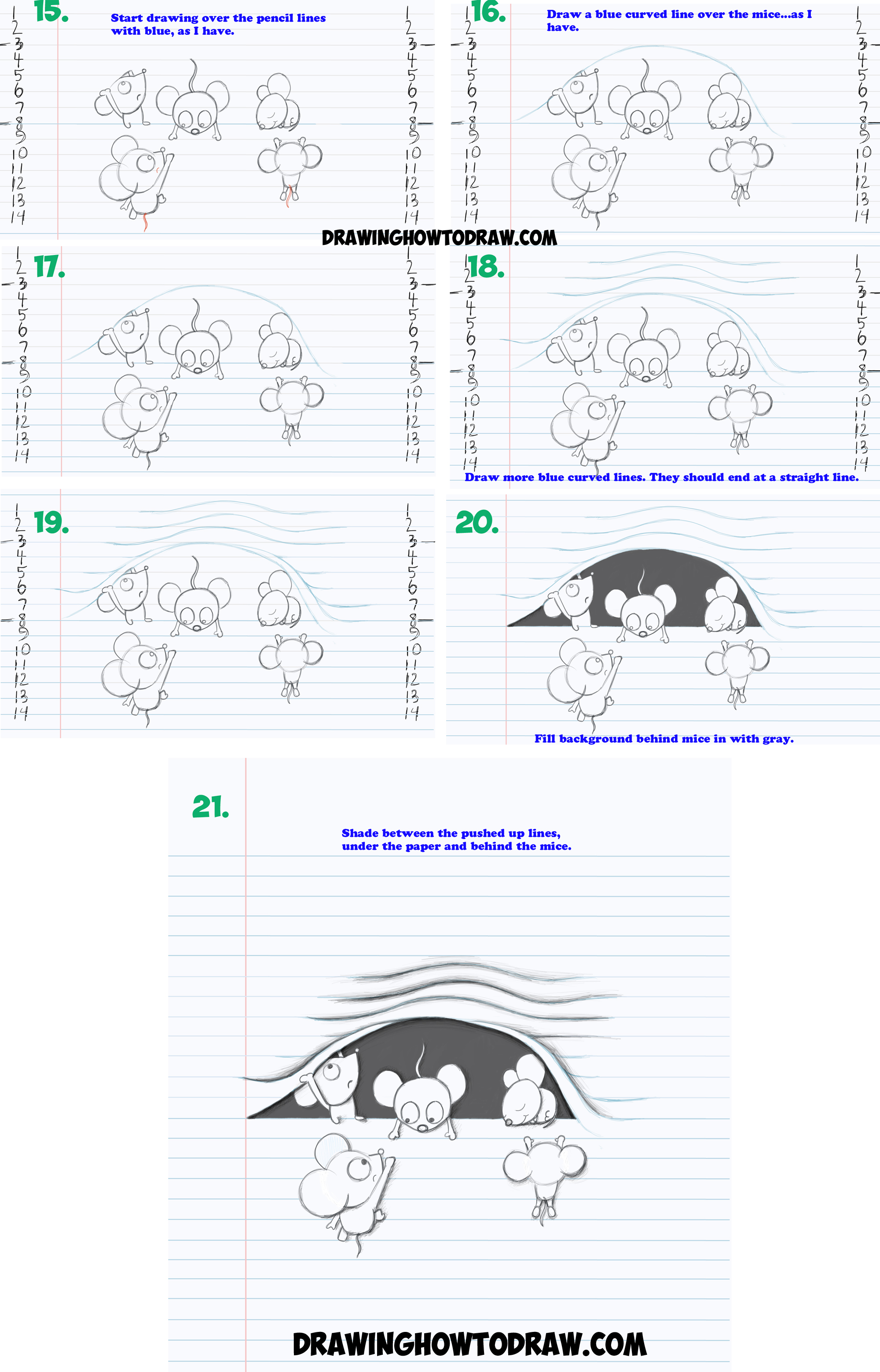 How to Draw Optical Illusion of Cartoon Mice Characters Climbing Inside of  Lined Notebook Paper with Easy Step by Step Drawing Tutorial for Kids