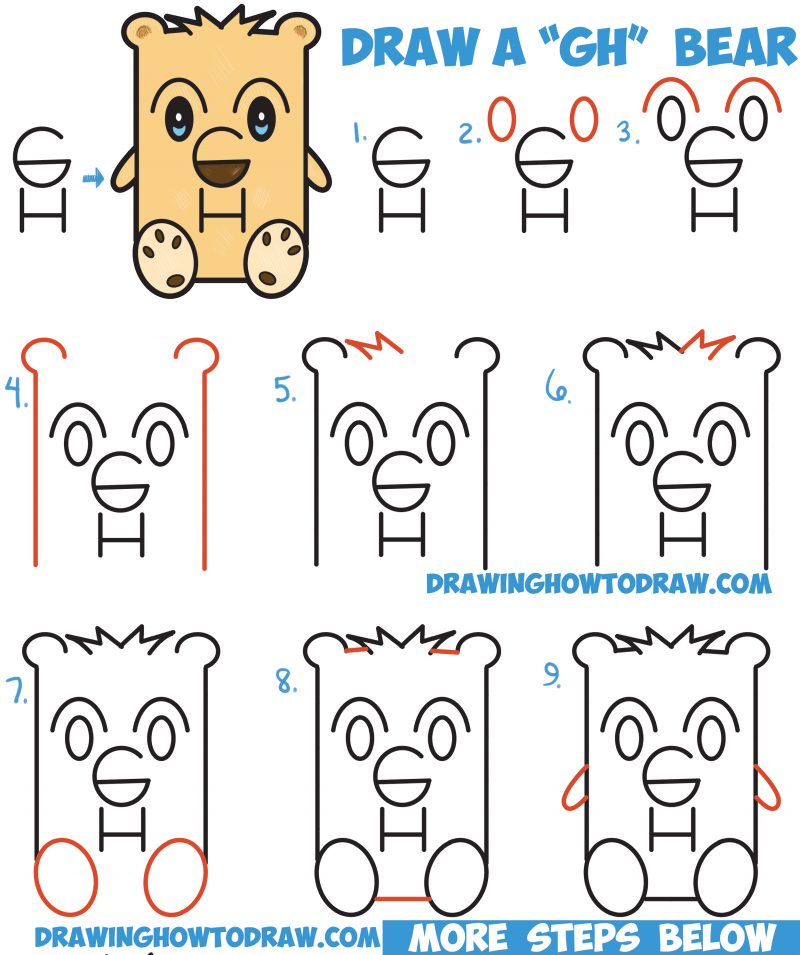 How to Draw a Cartoon Bear from Letters “GH” Easy Step by Step Drawing ...