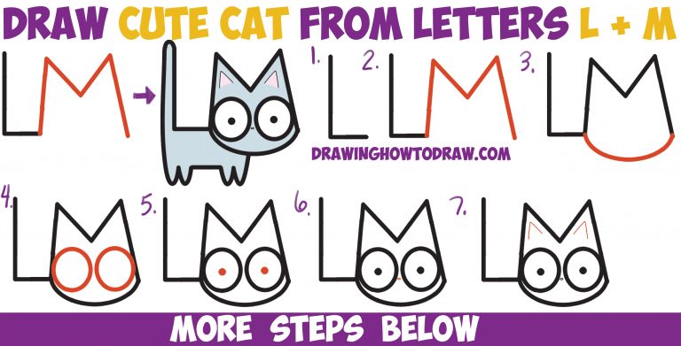 How to Draw a Cute Cartoon Kitten from Letters L + M Easy Step by Step ...