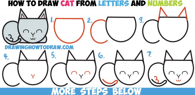 How to Draw a Cute Cartoon Cat Completely from Letters, Numbers ...