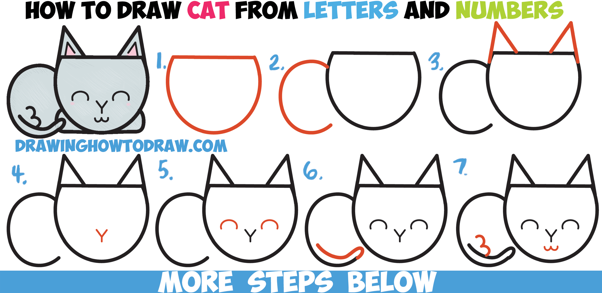 How to Draw a Cute Cartoon Cat Completely from Letters, Numbers