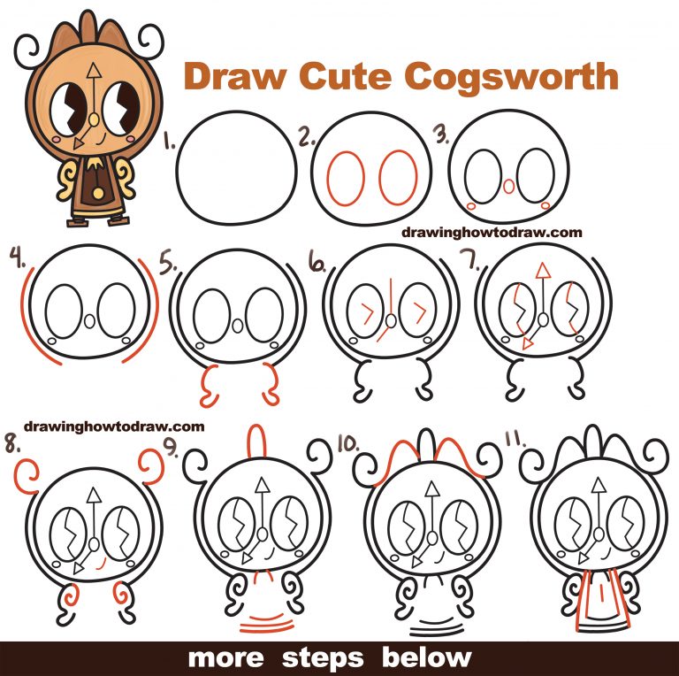 How to Draw Cute Kawaii Chibi Cogsworth the Clock from Beauty and the ...