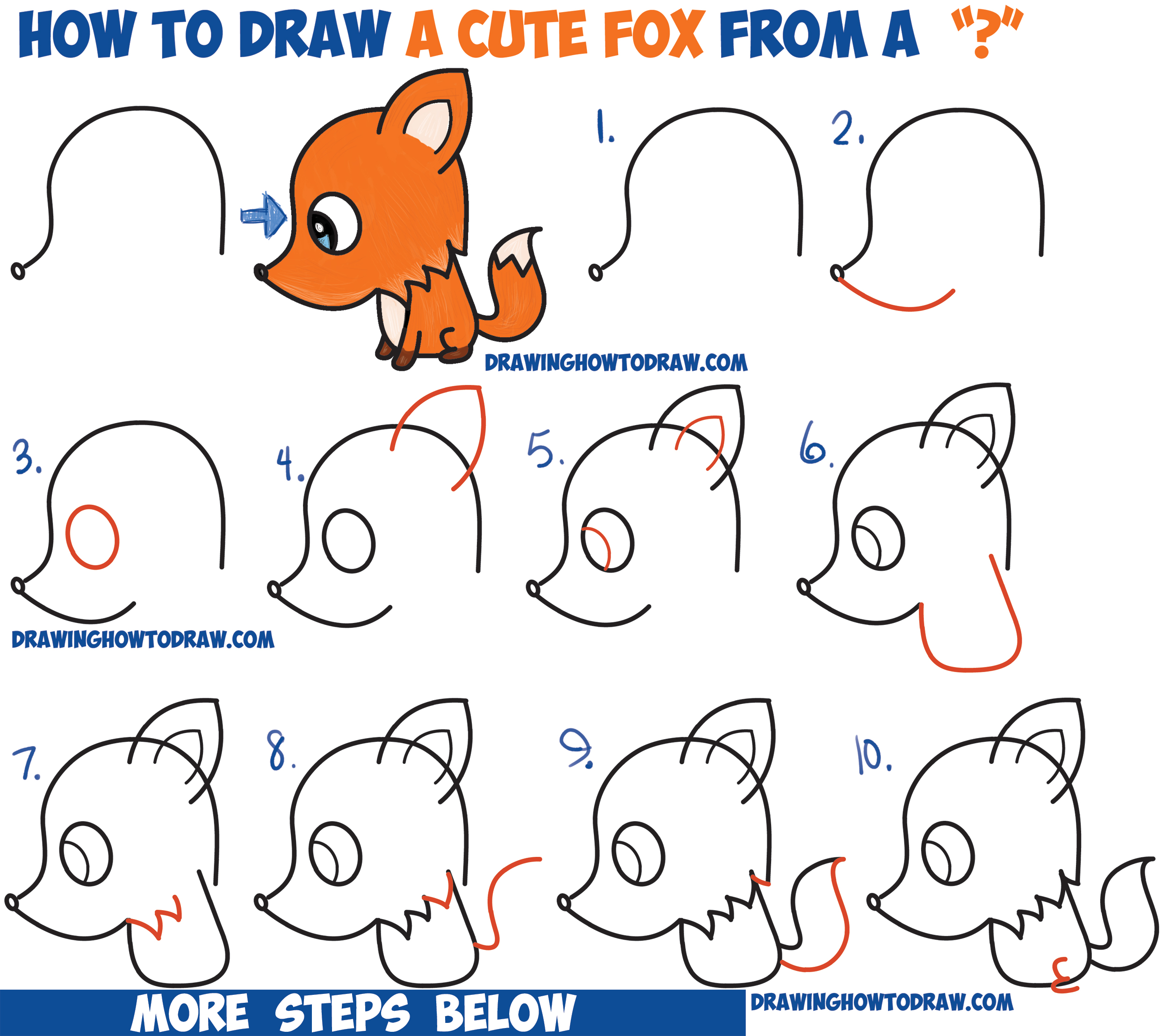 How to Draw a Cute Cartoon Fox from a Question Mark (Kawaii / Chibi