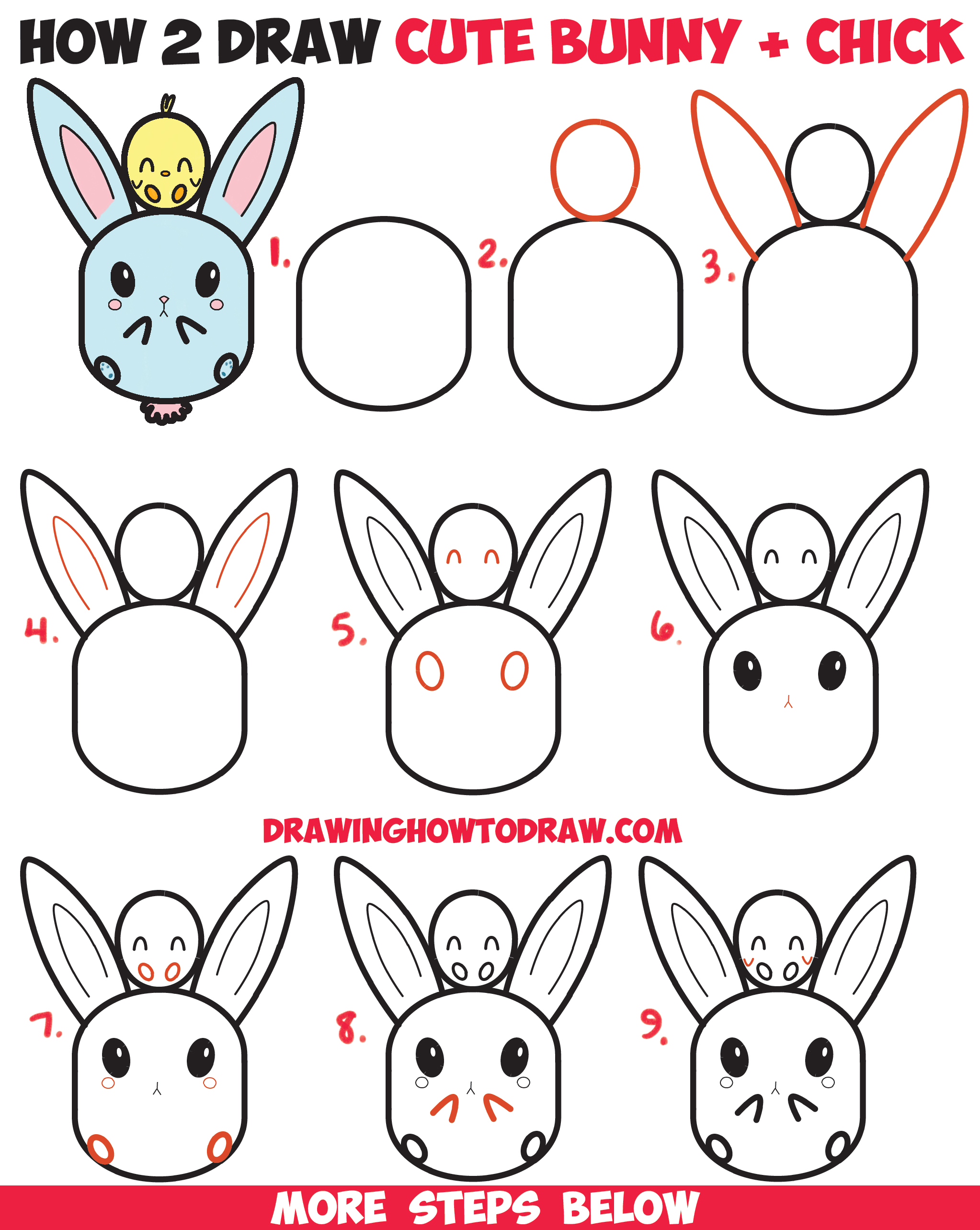 How to Draw Cute Kawaii / Chibi Bunny Rabbit and Baby Chick Easy Step
