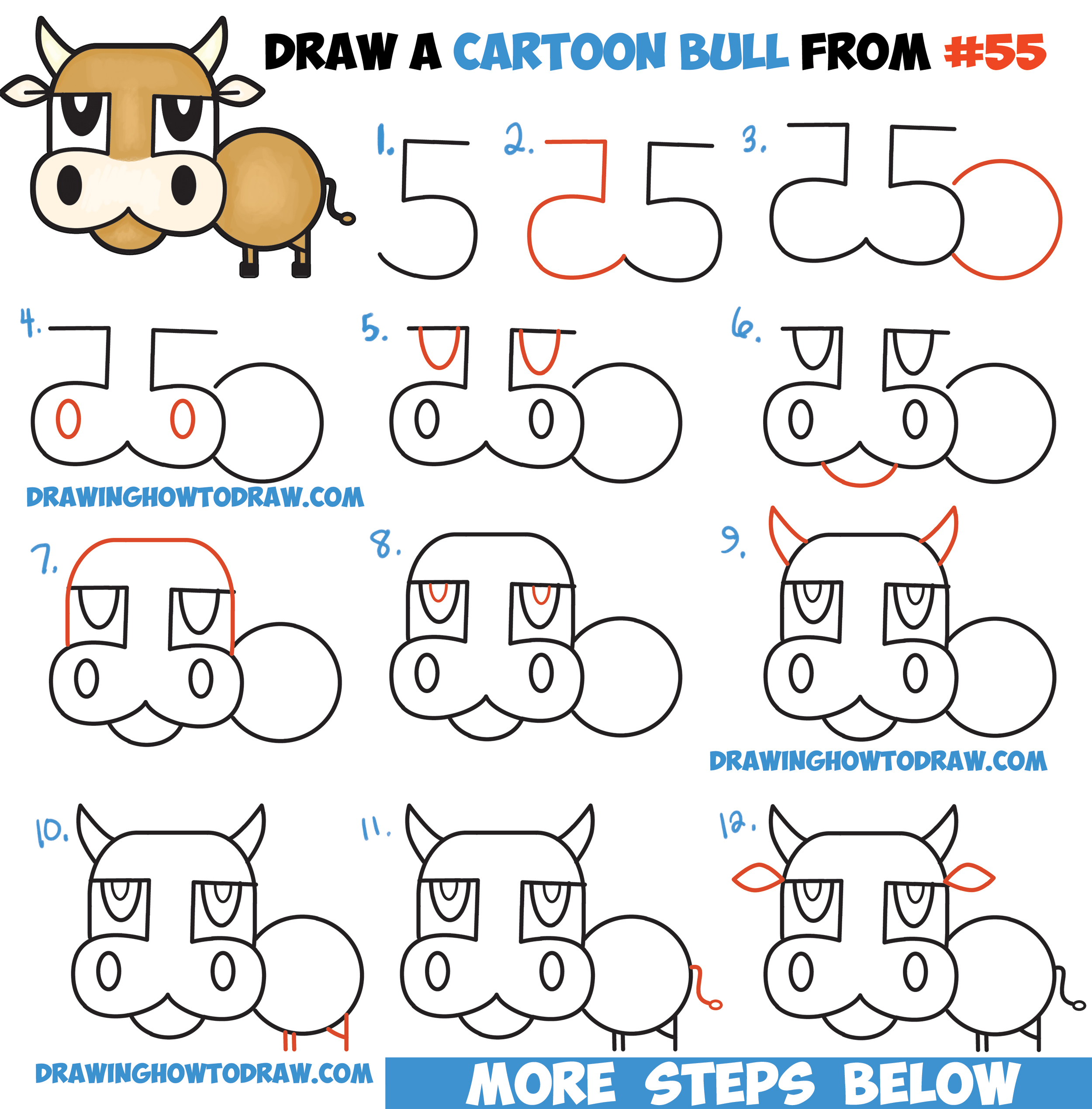 How to Draw a Cartoon Bull / Cow from Numbers & Letters Easy Step by