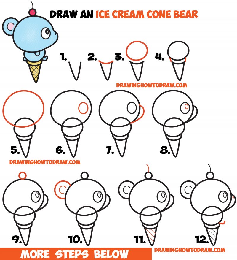 How to Draw Super Cute Cartoon/Kawaii Bear on Ice Cream Cone Easy Step ...