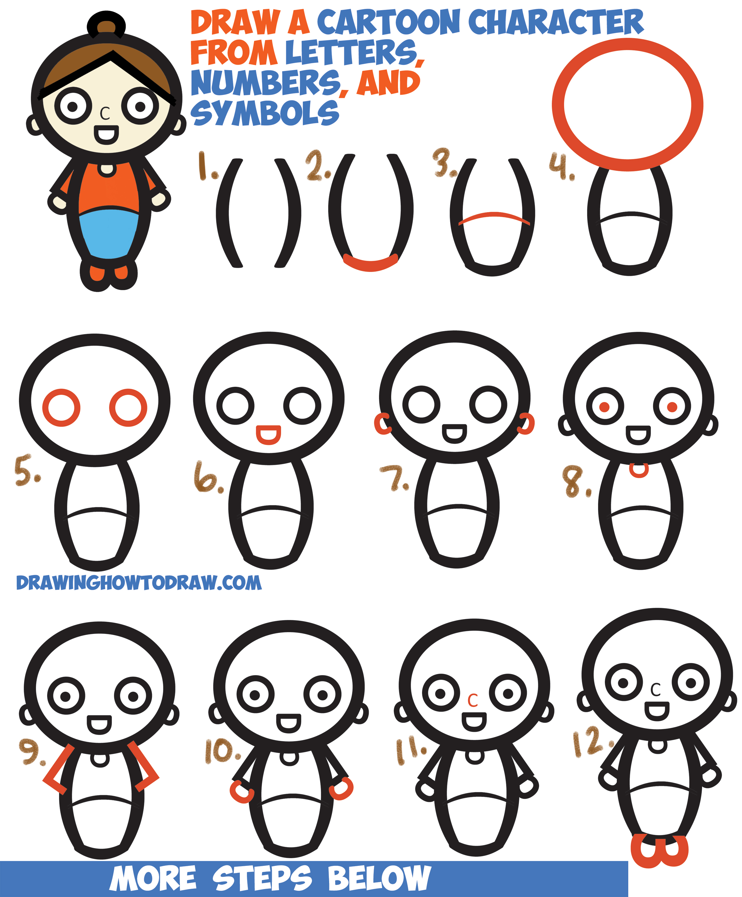 How To Draw A Cartoon Woman Character From Letters Numbers Symbols Easy Step By Step Drawing Tutorial For Kids How To Draw Step By Step Drawing Tutorials