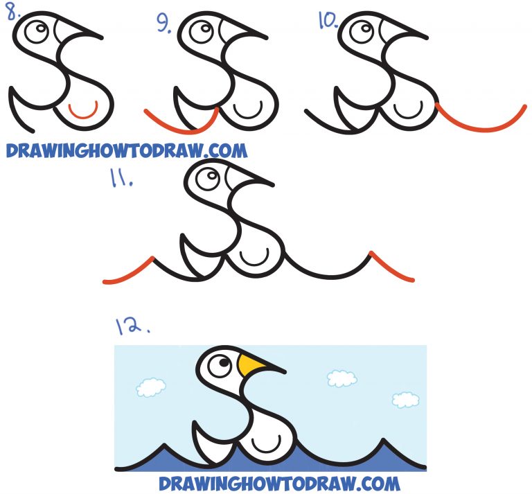 How to Draw Cartoon Goose Floating on Water from Letter S Shapes Easy ...