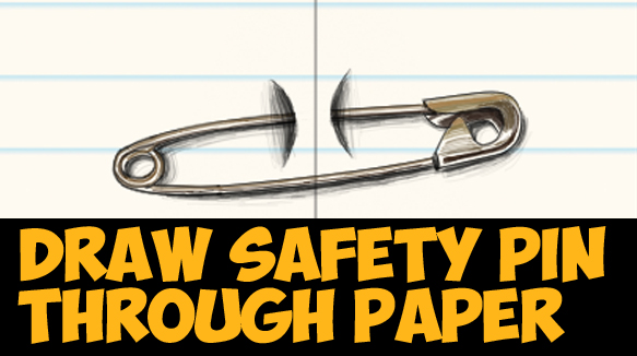 How to Draw Cool Stuff - Draw a Safety Pin Holding 2 Pieces of Paper Together - Easy Step by Step Drawing Trick Tutorial