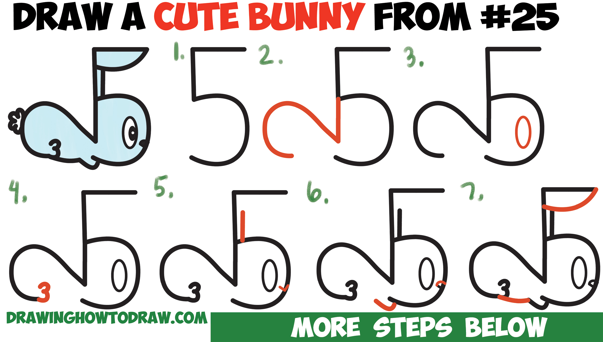 How to Draw a Cute Cartoon Bunny Rabbit from Numbers 25 Easy Step by ...