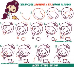 How To Draw Cute Chibi   Kawaii Jasmine & Raj The Tiger From Aladdin 