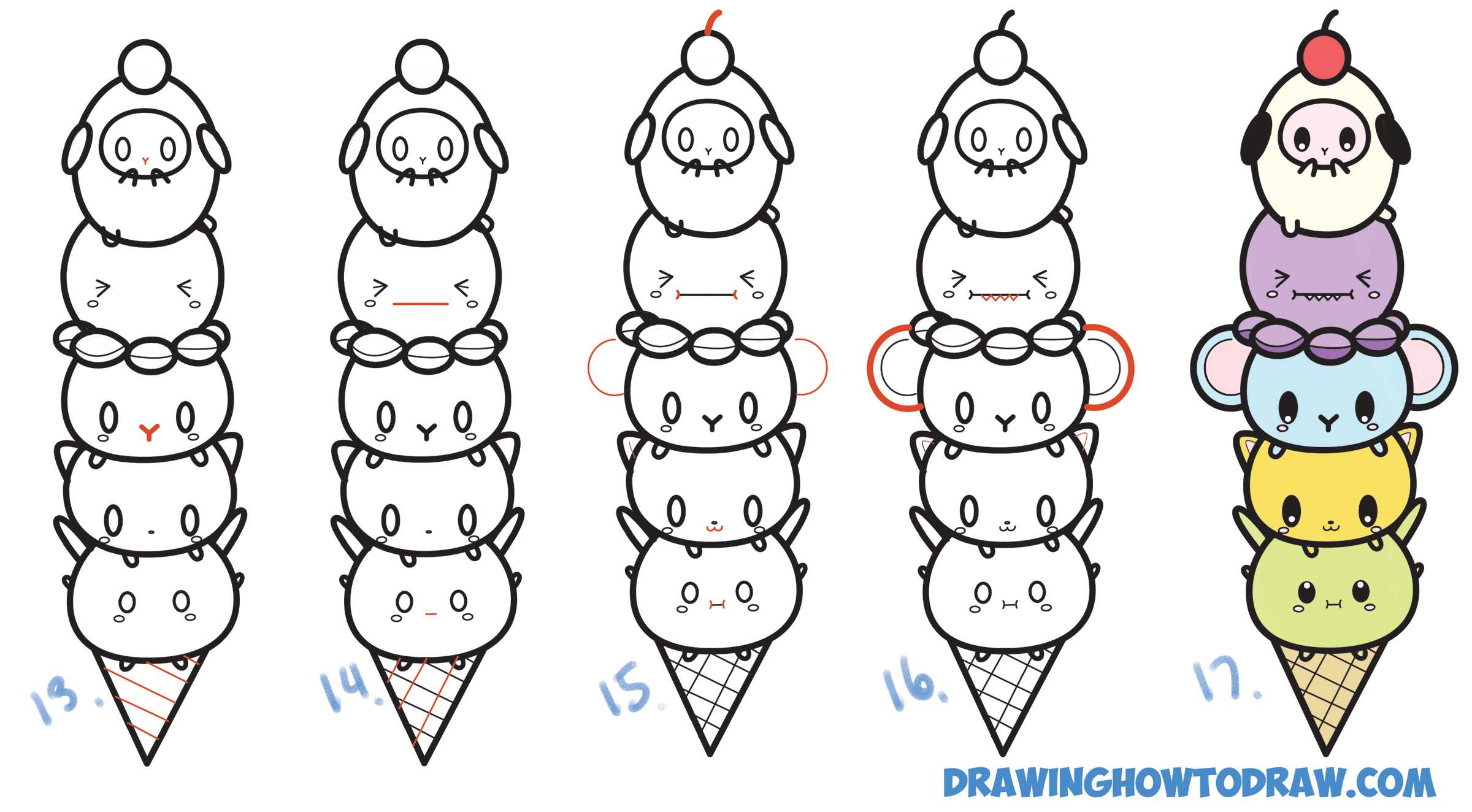 Easy Guide to Drawing Kawaii Characters : Part 2 : How to Draw Kawaii  Animals & Critters, Expressions, Faces, Body Poses | How to Draw Step by  Step Drawing Tutorials