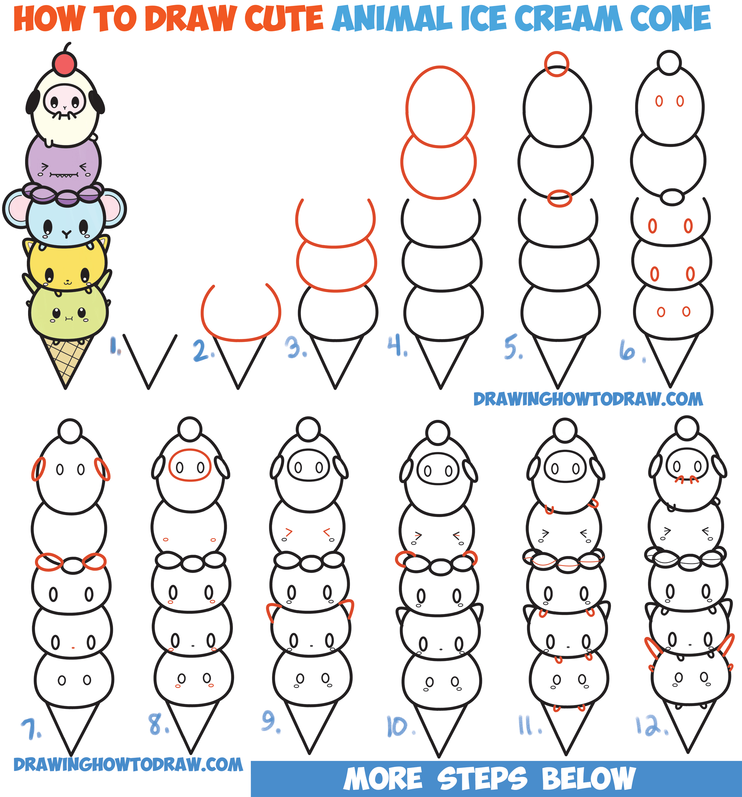 How to Draw Cute Kawaii Animals Stacked in Ice Cream Cone Easy ...