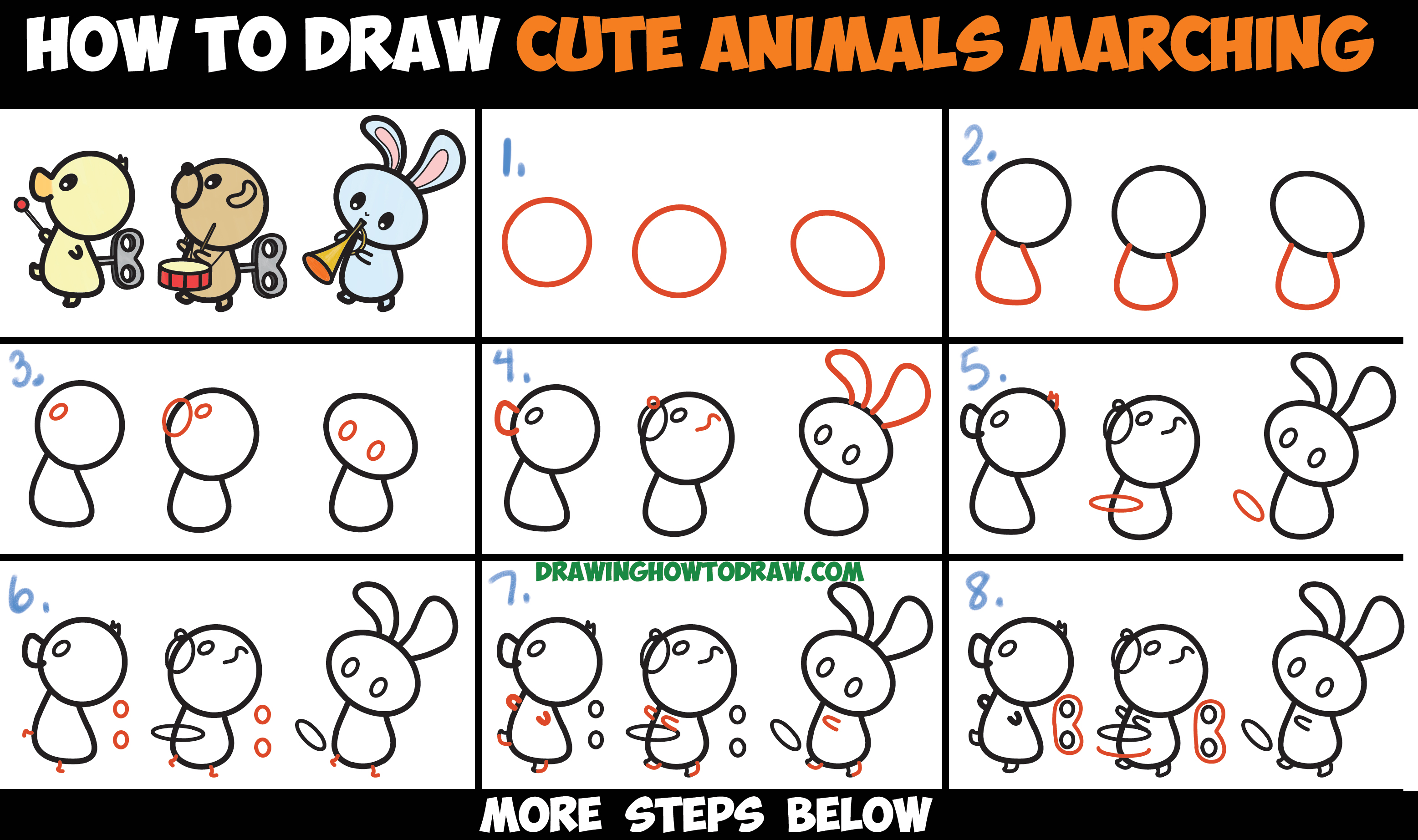 How to Draw Cute Kawaii Animals Marching in a Musical Band Easy ...