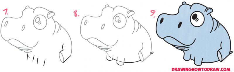 How to Draw a Cute Baby Hippo (Cartoon / Kawaii / Chibi) Easy Step by ...