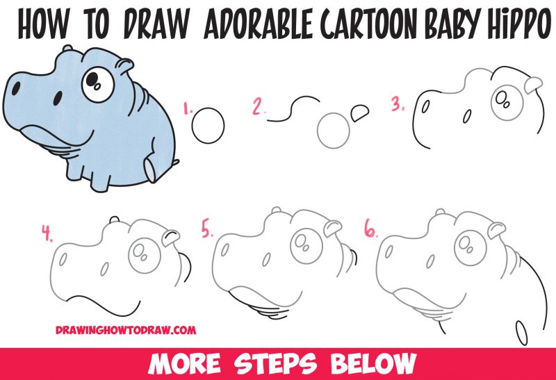 How to Draw a Cute Baby Hippo (Cartoon / Kawaii / Chibi) Easy Step by ...