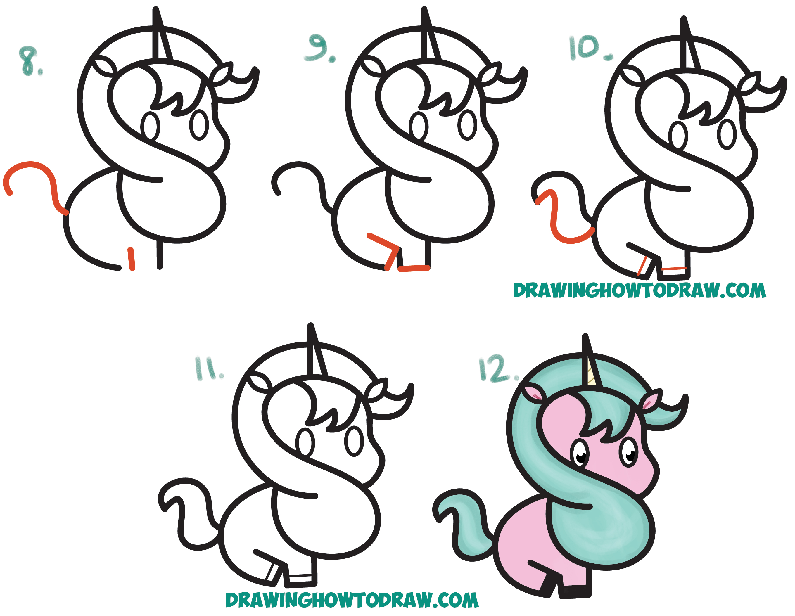 how to draw a cute cartoon unicorn step by step