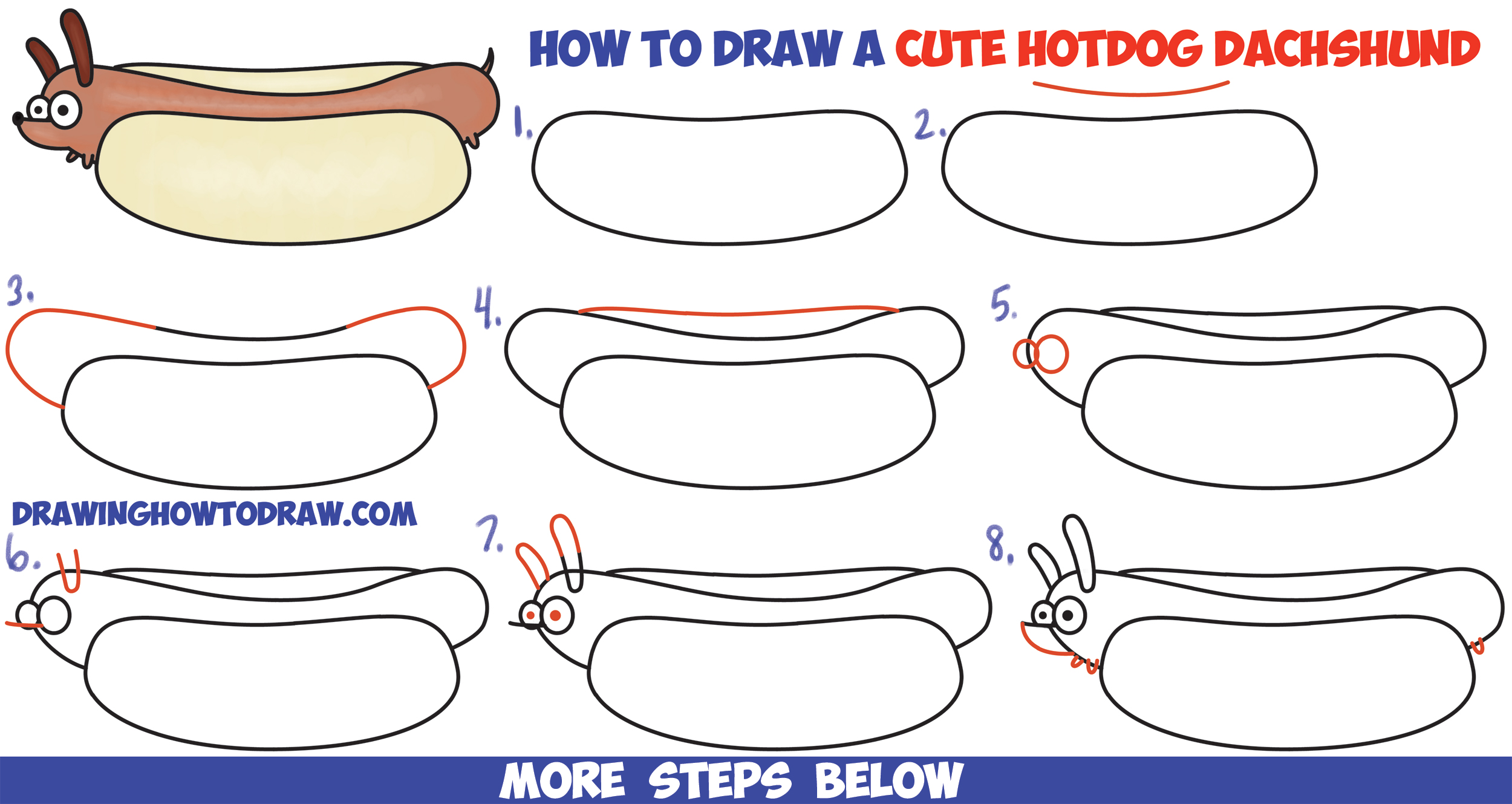 How To Draw A Cute Kawaii Cartoon Hotdog Dog Dachshund Easy Step By 