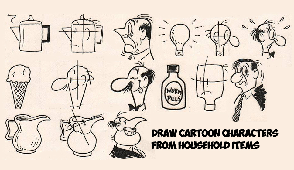 Learn How to Draw Cartoon Men Character's Faces from Household Objects