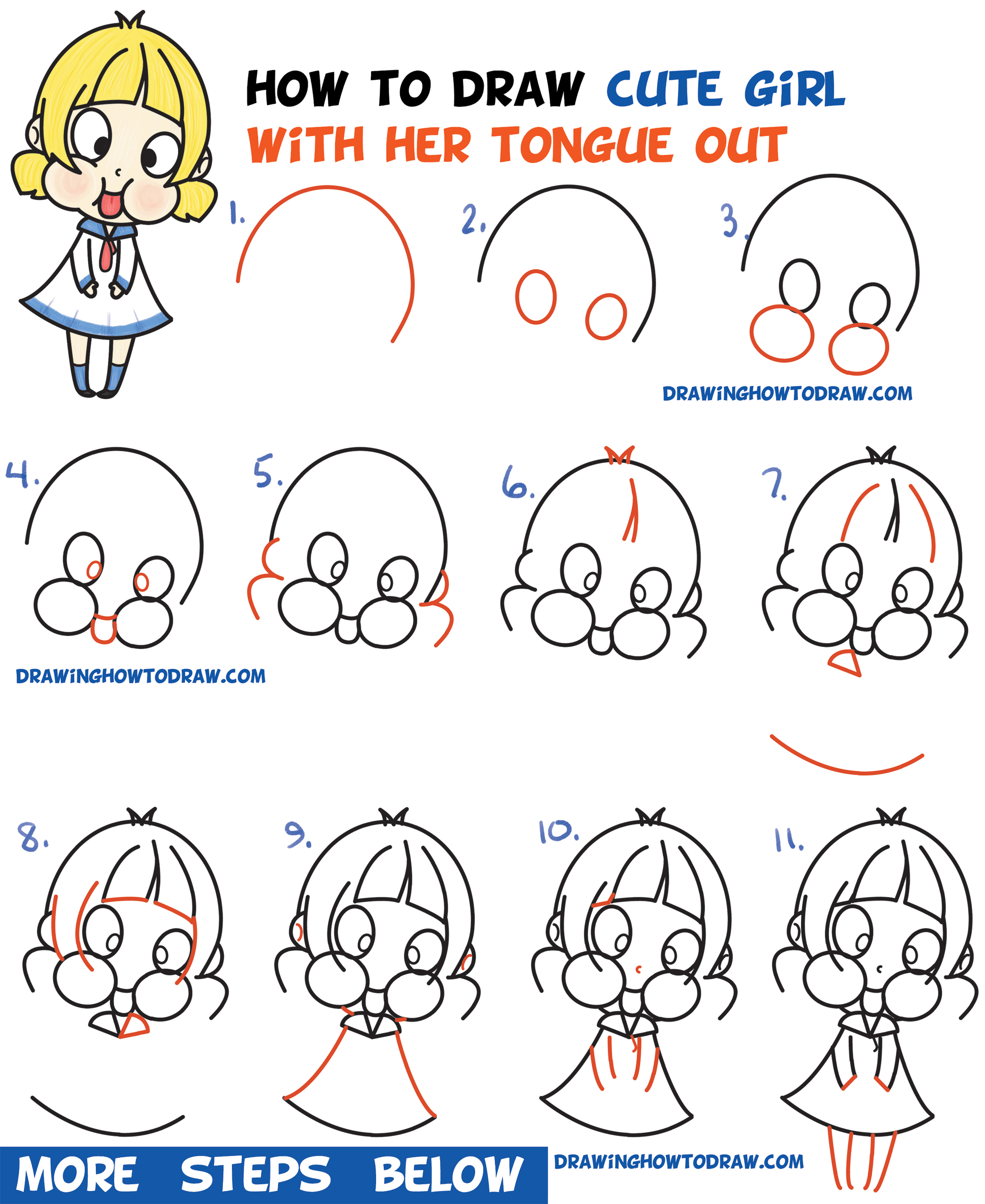How to Draw a Cute Cartoon Girl (Chibi) Sticking Her Tongue Out Easy