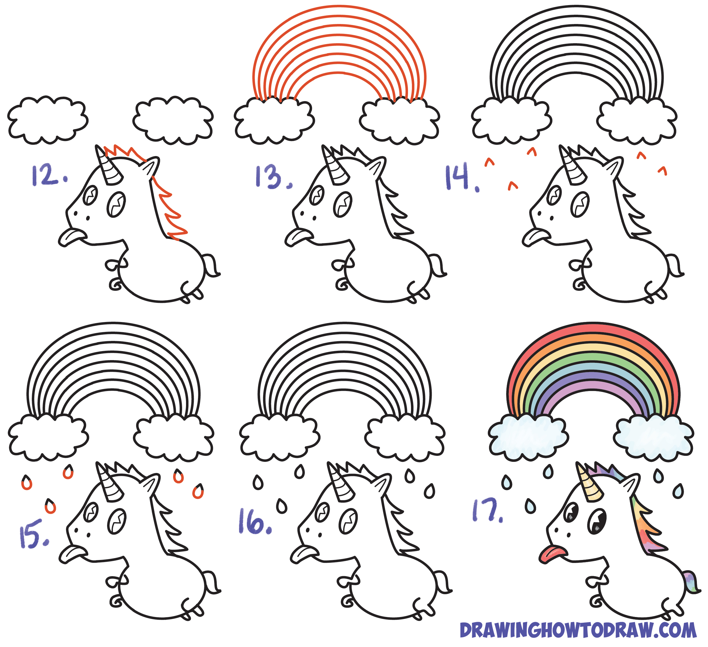 How to Draw a Cute Kawaii Unicorn with Tongue Out Under Rainbow Easy