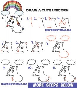 How to Draw a Cute Kawaii Unicorn with Tongue Out Under Rainbow Easy ...